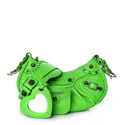 Balenciaga Extra Supple Calfskin Crocodile Embossed Le Cagole Shoulder Bag XS Acid Green 1 of 7