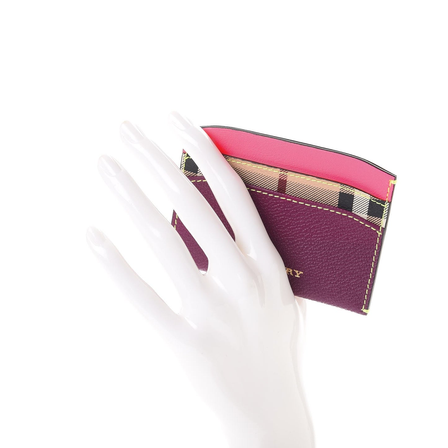 Soft Grain Calfskin Haymarket Check Izzy Card Case Dark Plum