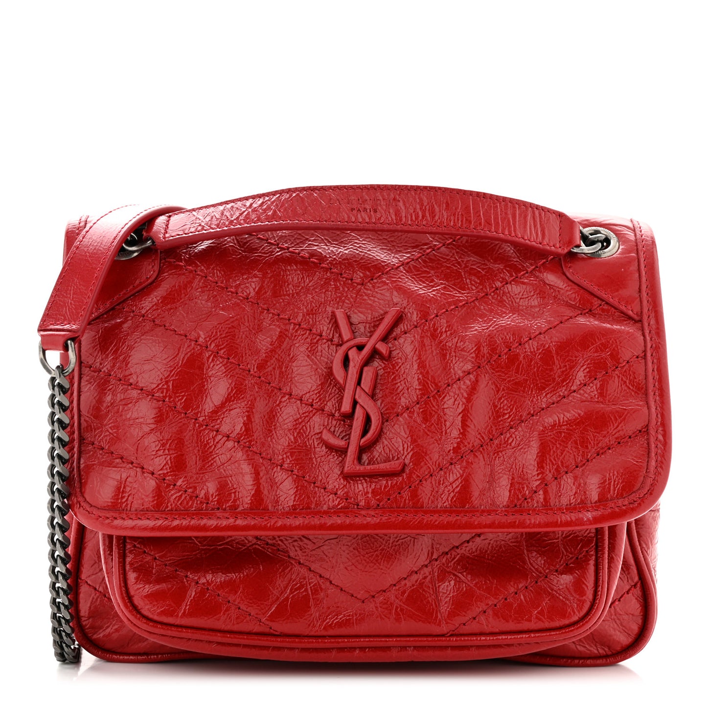 Crinkled Calfskin Matelasse Monogram Baby Niki Chain Satchel Rouge Eros