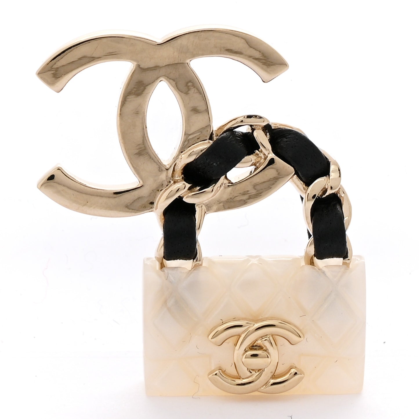 Resin Lambskin CC Flap Bag Brooch Gold White Black