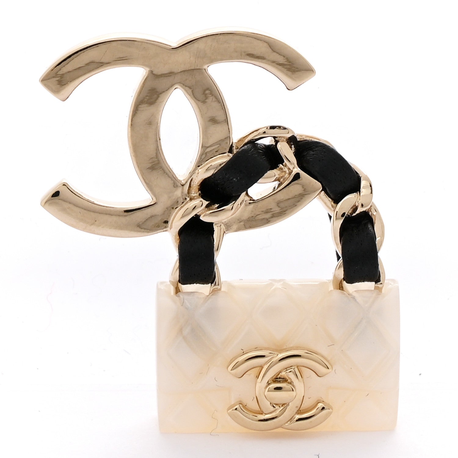 Chanel Resin Lambskin CC Flap Bag Brooch Gold White Black 1 of 5