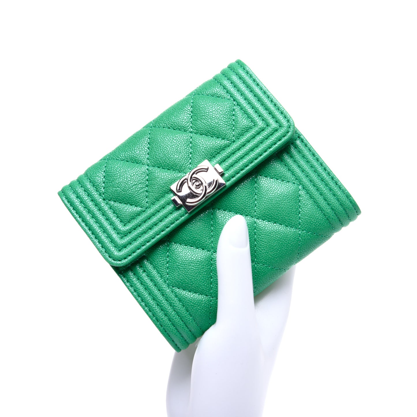 Caviar Quilted Compact Boy Wallet Green