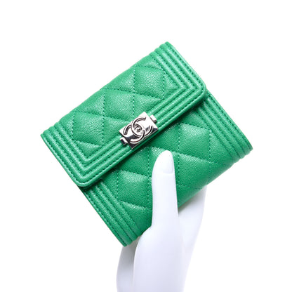 Chanel Caviar Quilted Compact Boy Wallet Green 2 of 12