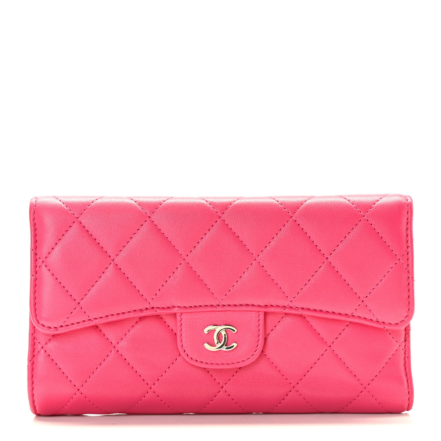 Lambskin Quilted Large Gusset Flap Wallet Fuchsia