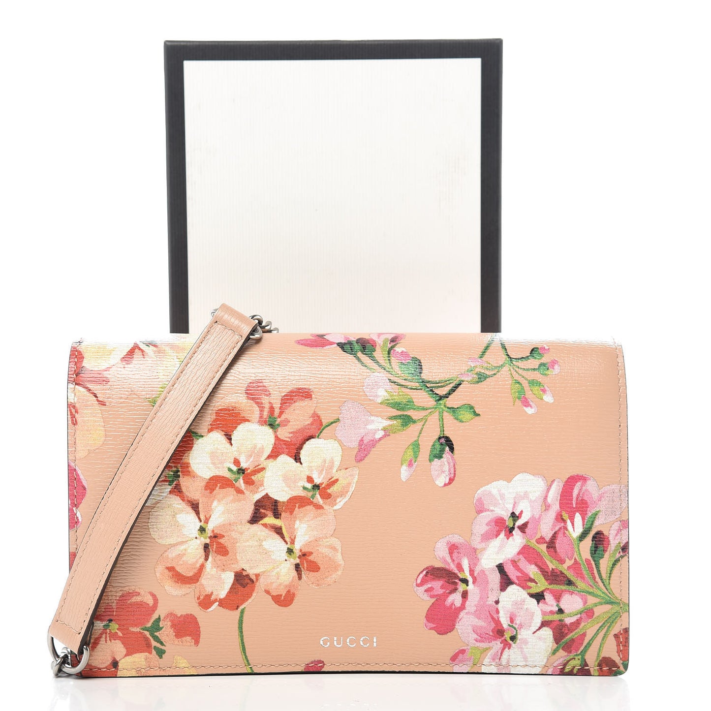 Shangai Calfskin Blooms Print Chain Wallet Pink Apricot Multicolor