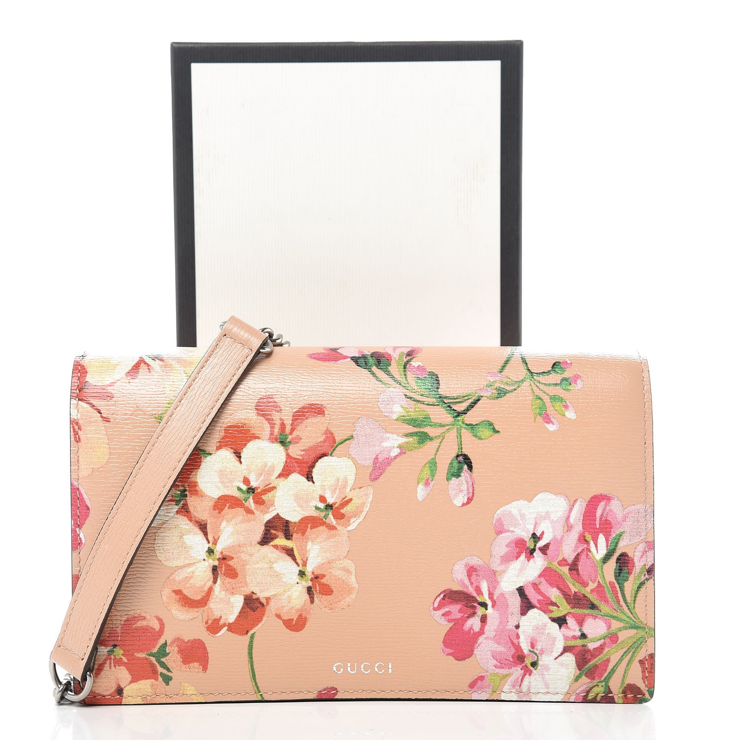 Gucci Shangai Calfskin Blooms Print Chain Wallet Pink Apricot Multicolor 9 of 9
