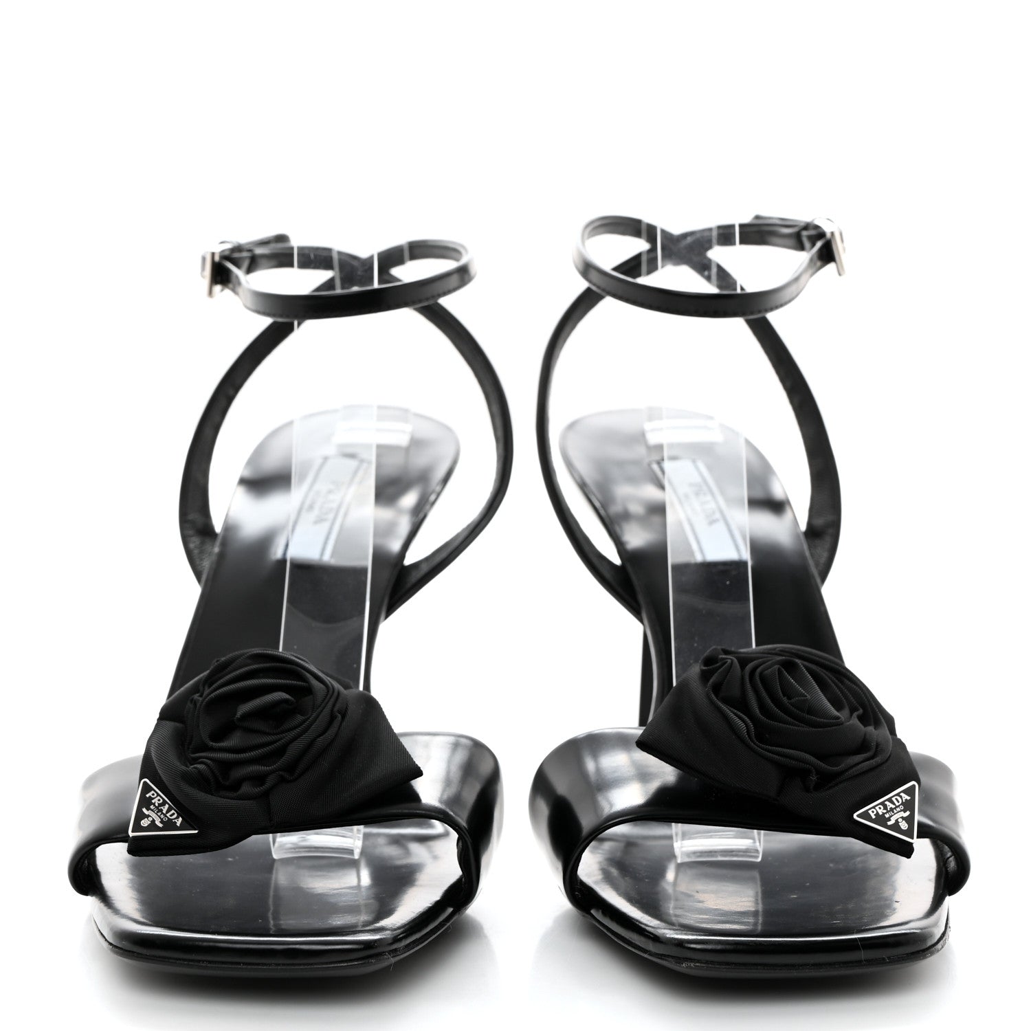 Prada Vernice Nylon Flower Metal Triangle Logo Open Toe 65mm Sandals 39 Black 2 of 8