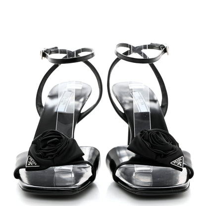 Prada Vernice Nylon Flower Metal Triangle Logo Open Toe 65mm Sandals 39 Black 2 of 8