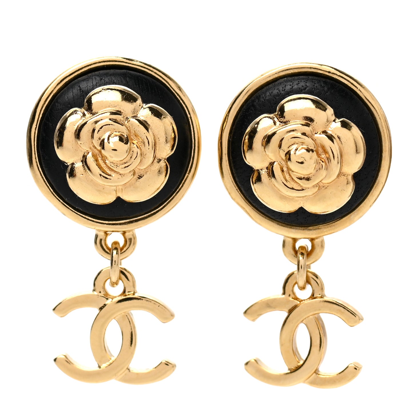 Metal Lambskin Camellia CC Drop Earrings Gold Black