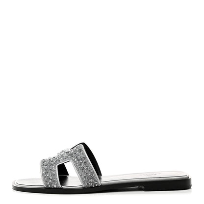 Hermes Velvet Goatskin Crystal Beads Oran Sandals 38.5 Gris Argente 1 of 9