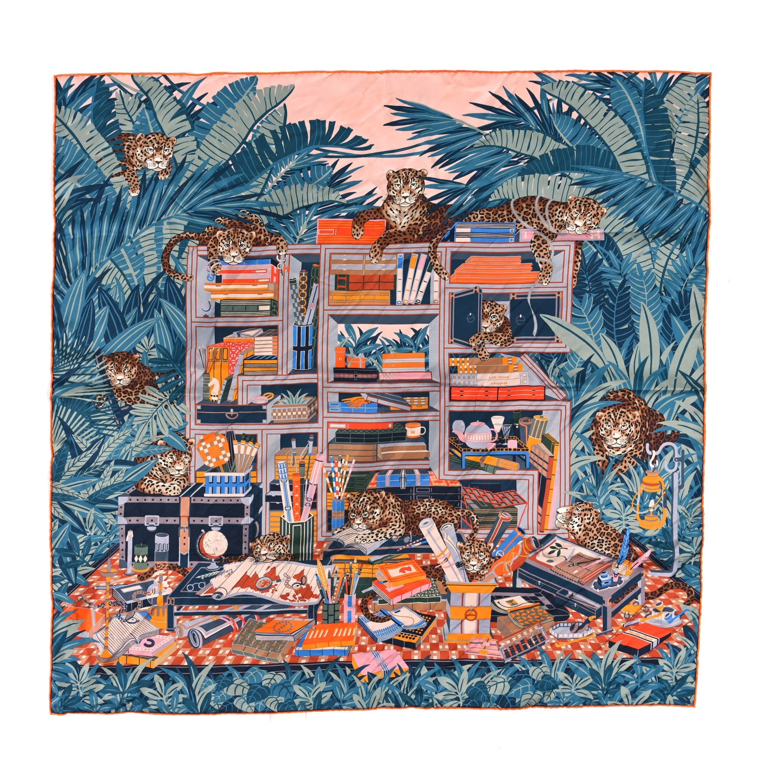 Hermes Silk Les Douze Leopards Double Face Scarf 90 Rose Poudre Ardoise Orange 1 of 3