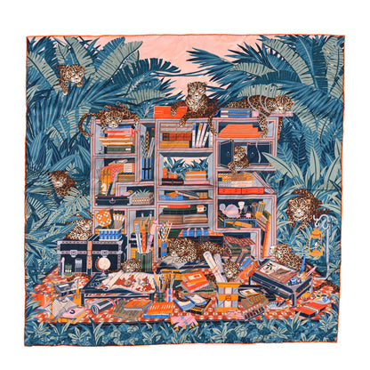 Hermes Silk Les Douze Leopards Double Face Scarf 90 Rose Poudre Ardoise Orange 1 of 3
