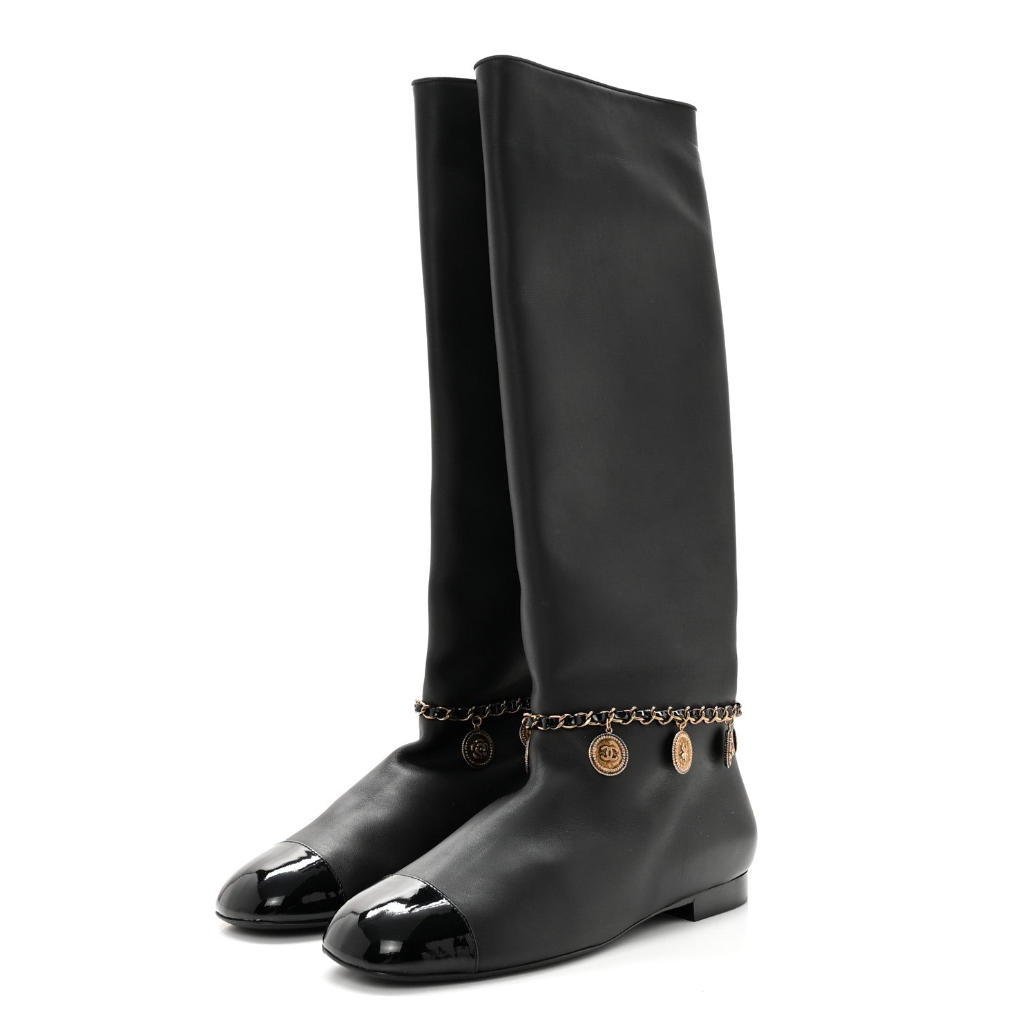 Chanel Lambskin Patent Cap Toe Medallion Chain Knee High Boots 39.5 Black 3 of 9