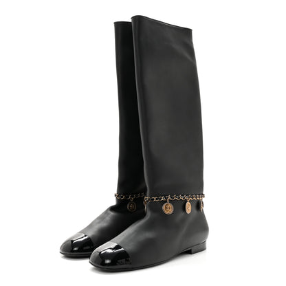 Chanel Lambskin Patent Cap Toe Medallion Chain Knee High Boots 39.5 Black 3 of 9