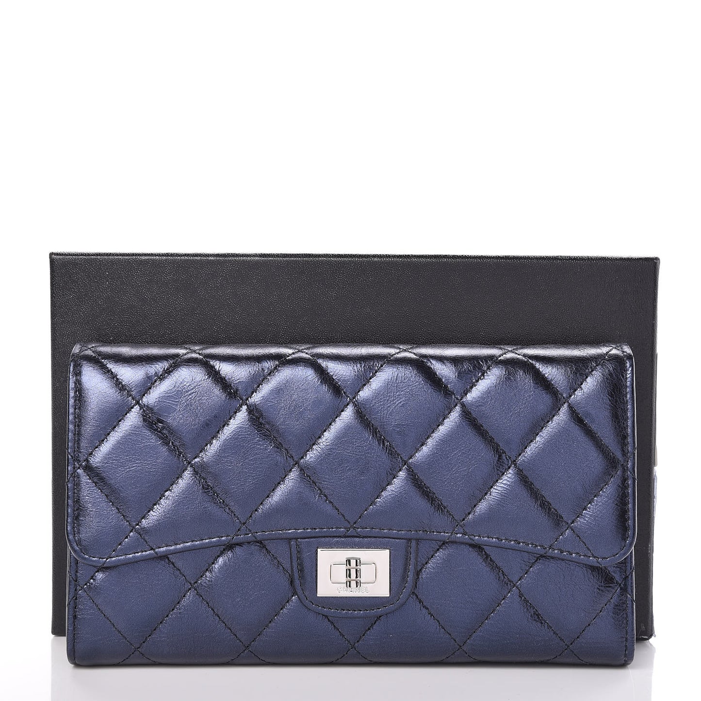 Metallic Aged Calfskin Quilted Reissue Long Flap Wallet Dark Navy Blue