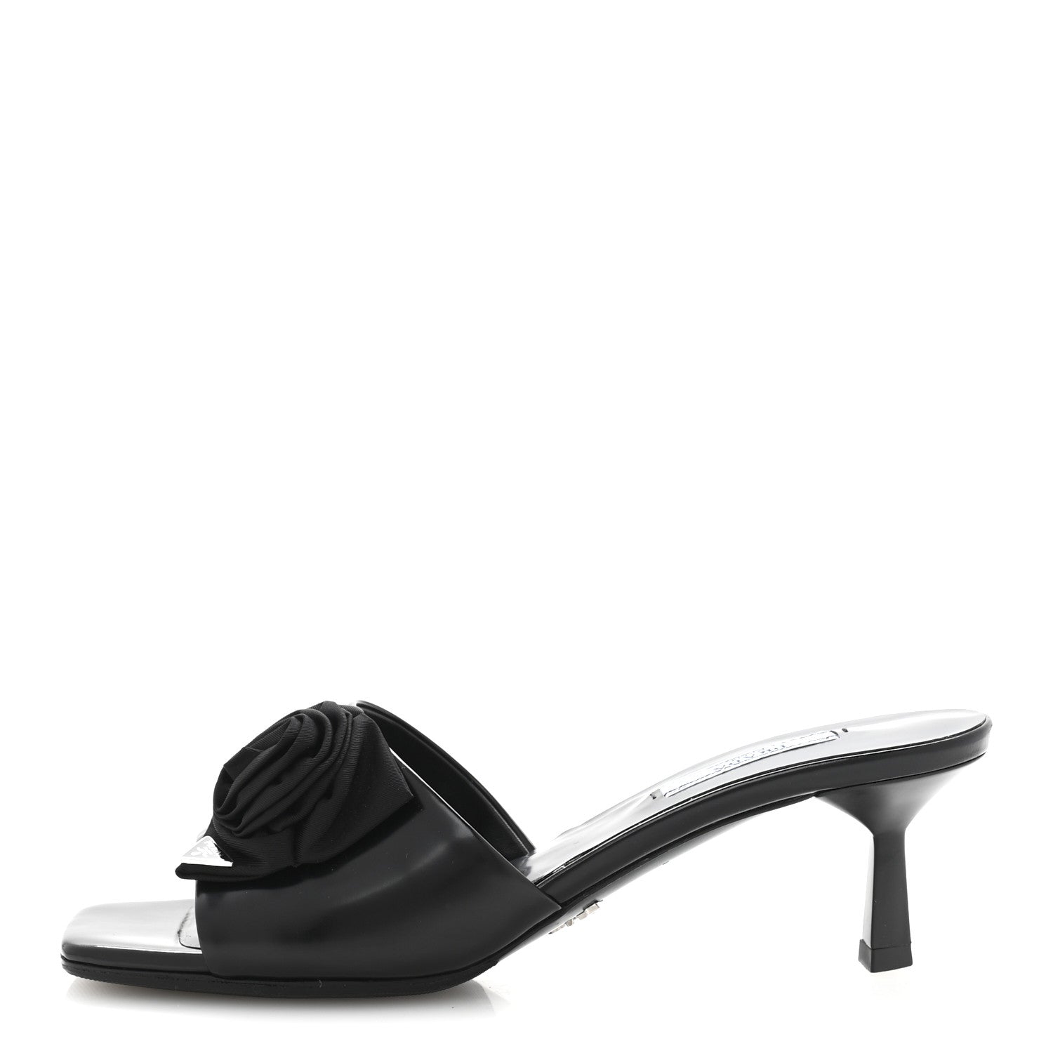 Prada Spazzolato Nylon Flower Metal Triangle Logo Slide Sandals 37 Black 1 of 9