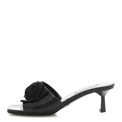 Prada Spazzolato Nylon Flower Metal Triangle Logo Slide Sandals 37 Black 1 of 9
