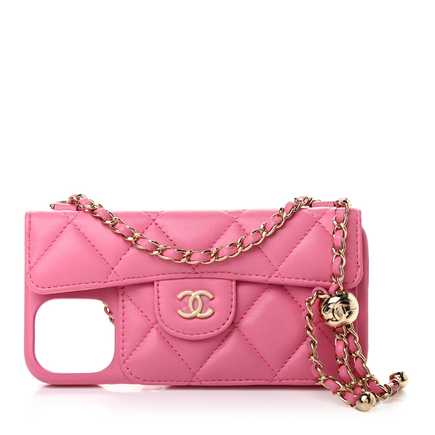 Chanel Lambskin Quilted Pearl Crush iPhone XII Pro Holder With Chain Pink 1 of 6