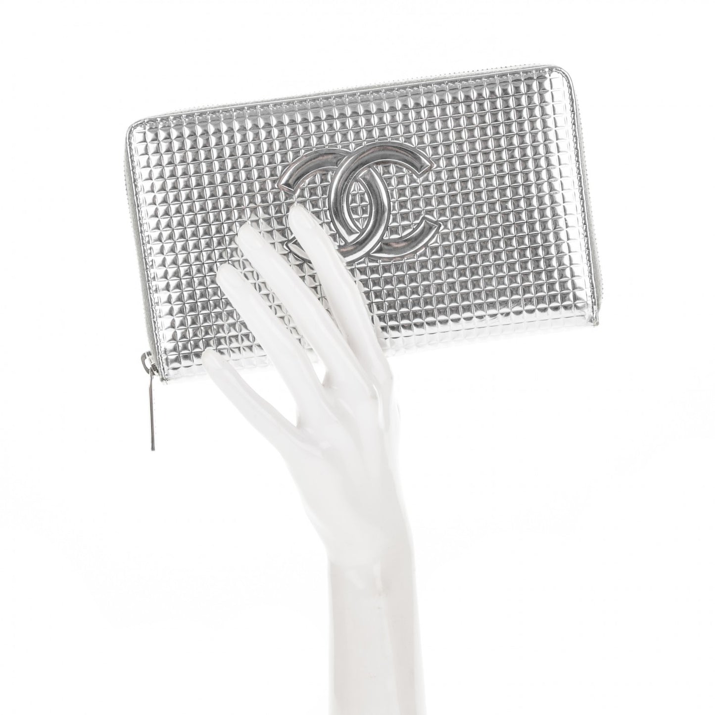 Patent Embossed CC Large Zip Around Organizer Wallet Silver