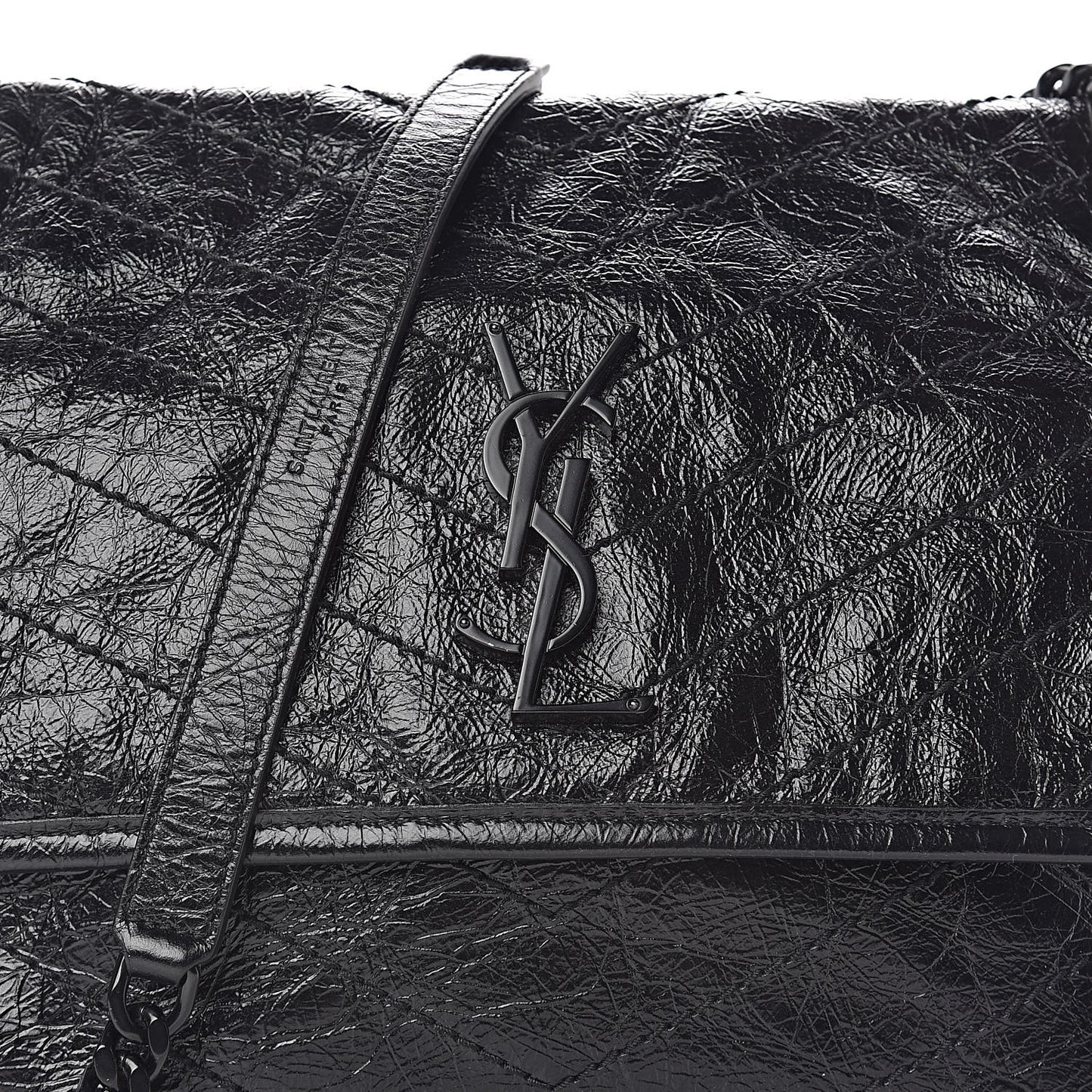 Crinkled Calfskin Matelasse Monogram Medium Niki Chain Satchel Black