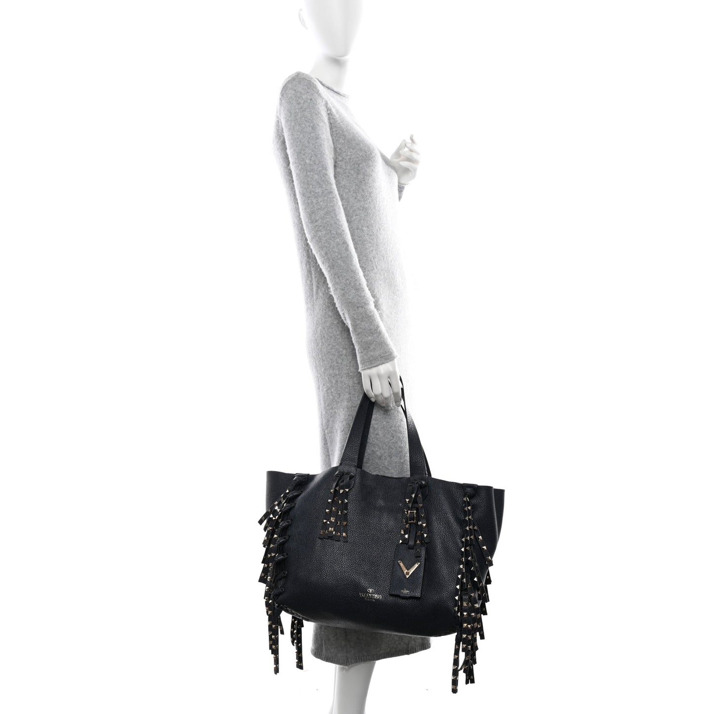 Grained Calfskin Rockstud C-Rockee Fringe Tote Deep Denim