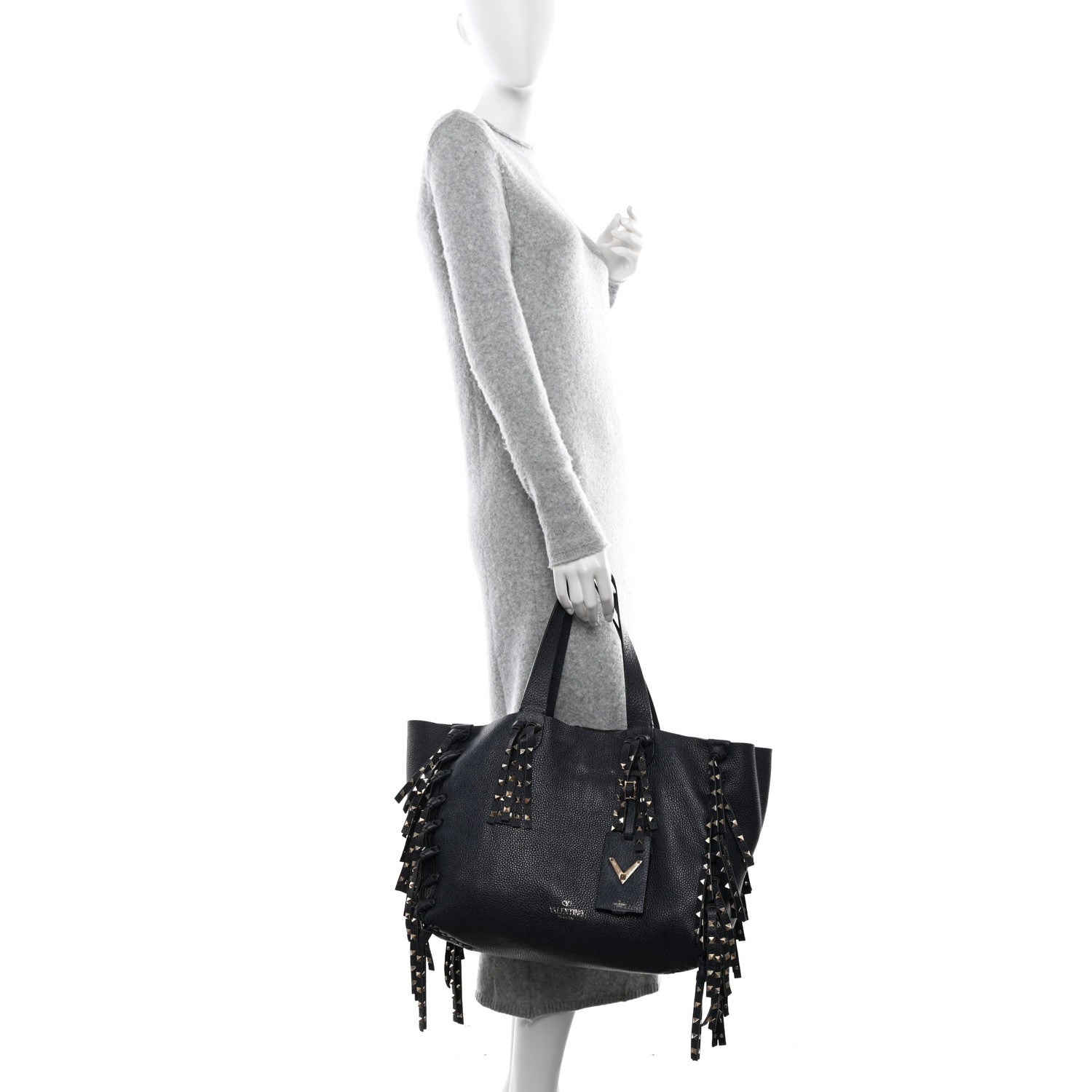 Valentino Garavani Grained Calfskin Rockstud C-Rockee Fringe Tote Deep Denim 3 of 9