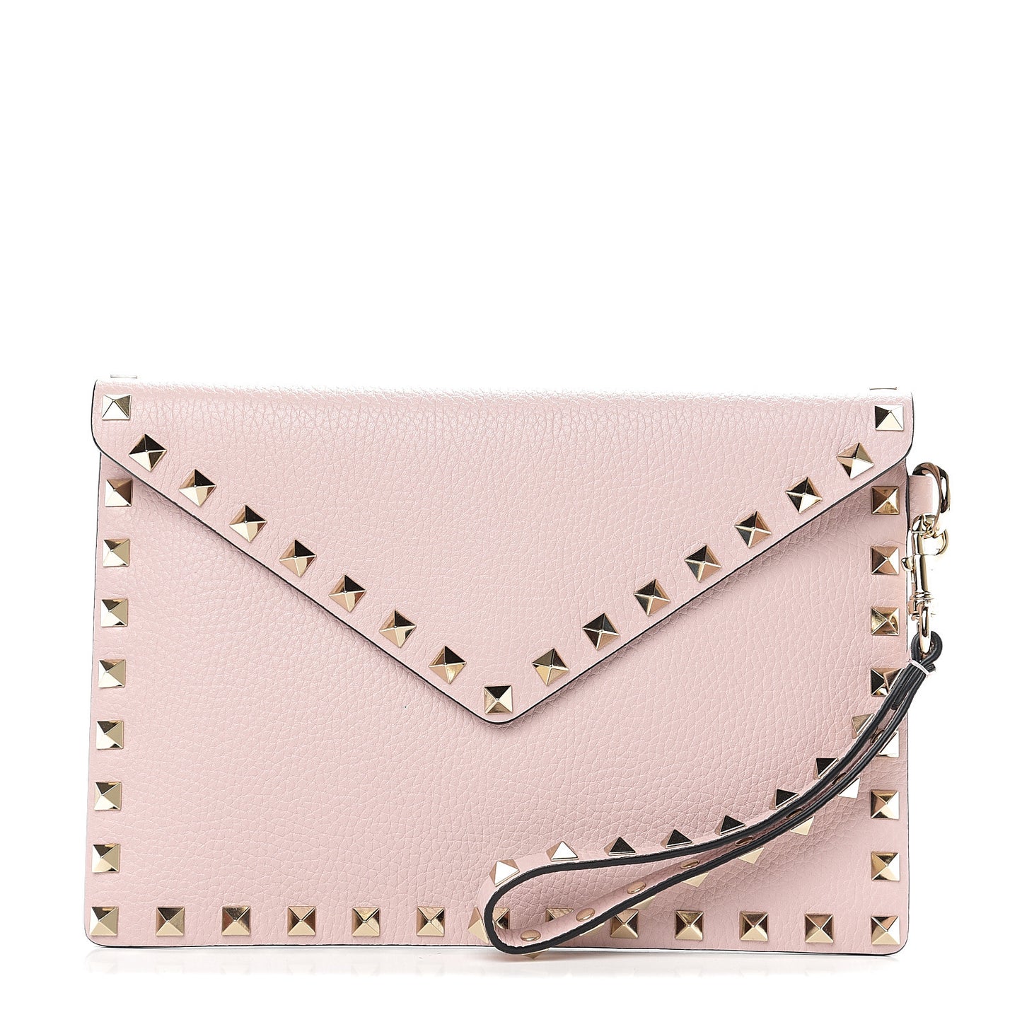 Pebbled Calfskin Medium Rockstud Envelope Flat Wristlet Pouch Water Rose