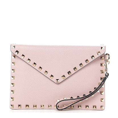 Valentino Garavani Pebbled Calfskin Medium Rockstud Envelope Flat Wristlet Pouch Water Rose 1 of 6