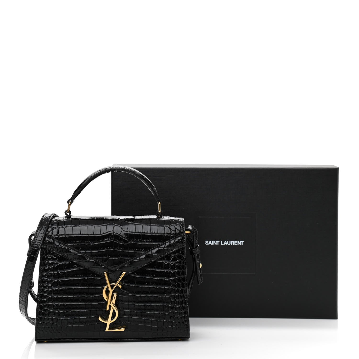 Saint Laurent Calfskin Crocodile Embossed Mini Classic Monogram Cassandra Top Handle Black 11 of 11