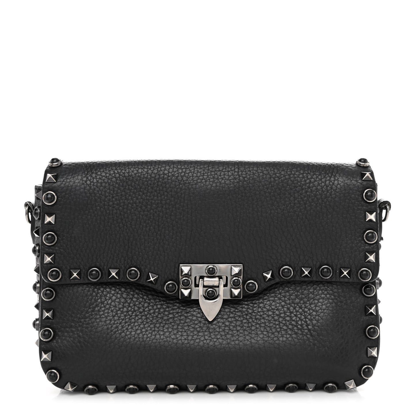Pebbled Calfskin Onyx Medium Rockstud Rolling Flap Saddle Bag Black