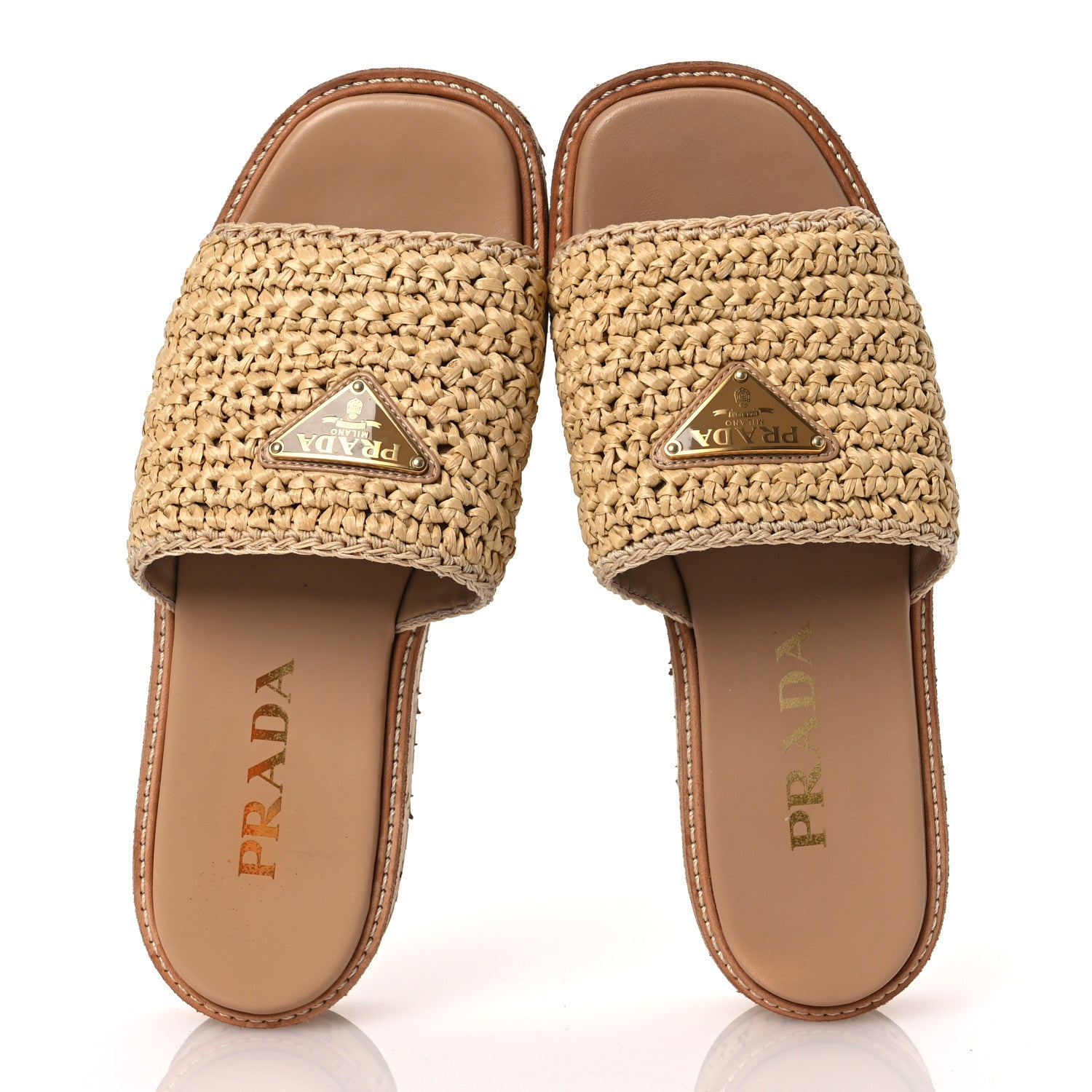 Prada Raffia Cork Metal Triangle Logo Woven Flatform Slide Sandals 38 Naturale 2 of 12
