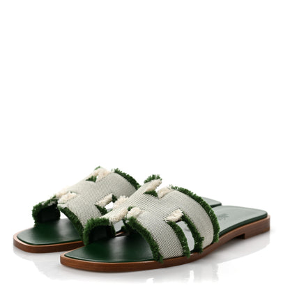 Hermes Toile H Oran Fringe Sandals 36 Vert 3 of 9