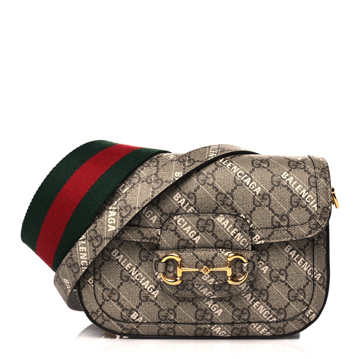 X BALENCIAGA GG Supreme Monogram Web Logo Print Mini Horsebit 1955 Shoulder Bag Beige Ebony