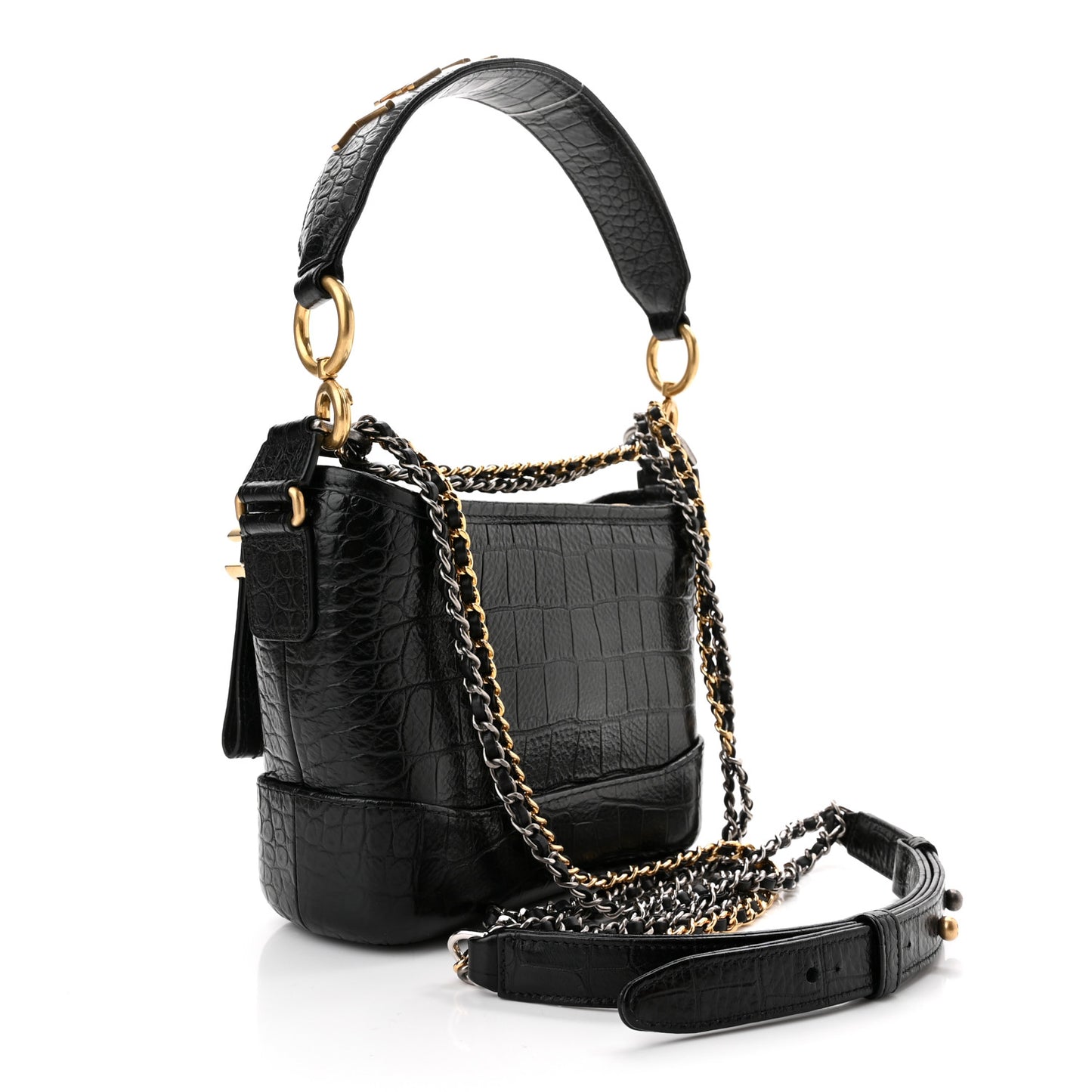 Calfskin Crocodile Embossed Small Gabrielle Cocodile Hobo Black