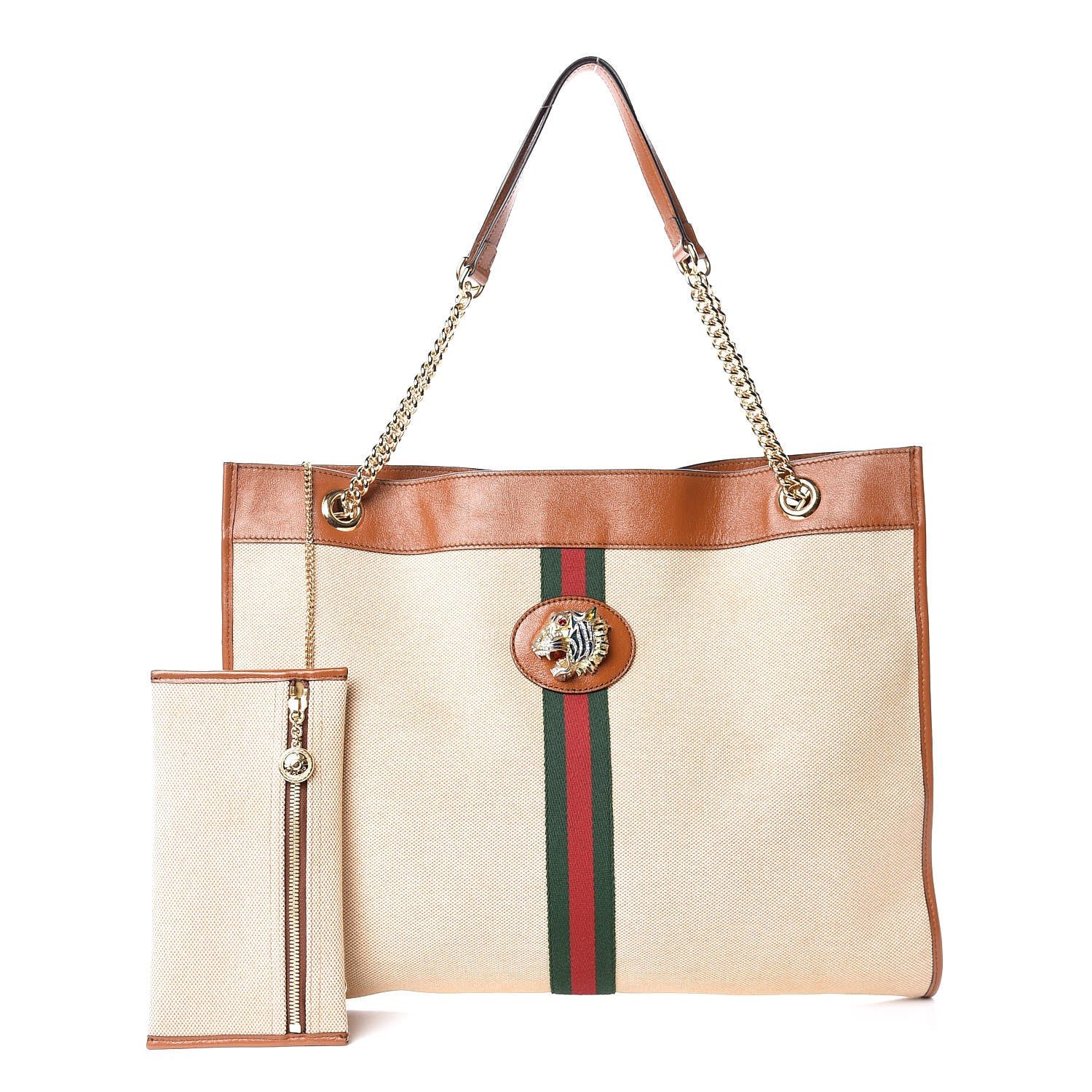 Gucci Vintage Canvas Calfskin Web Large Rajah Chain Tote Sand Light Cuir 1 of 13