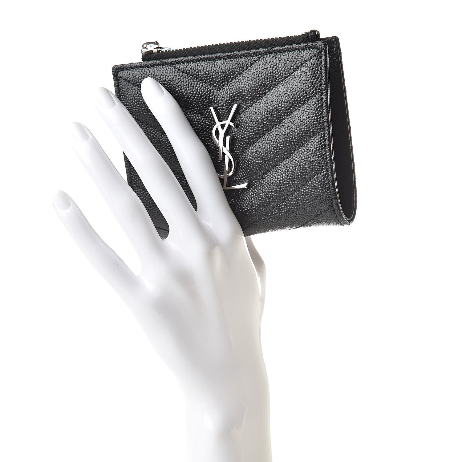 Saint Laurent Grain De Poudre Matelasse Chevron Monogram Zipped Card Case Black 2 of 8