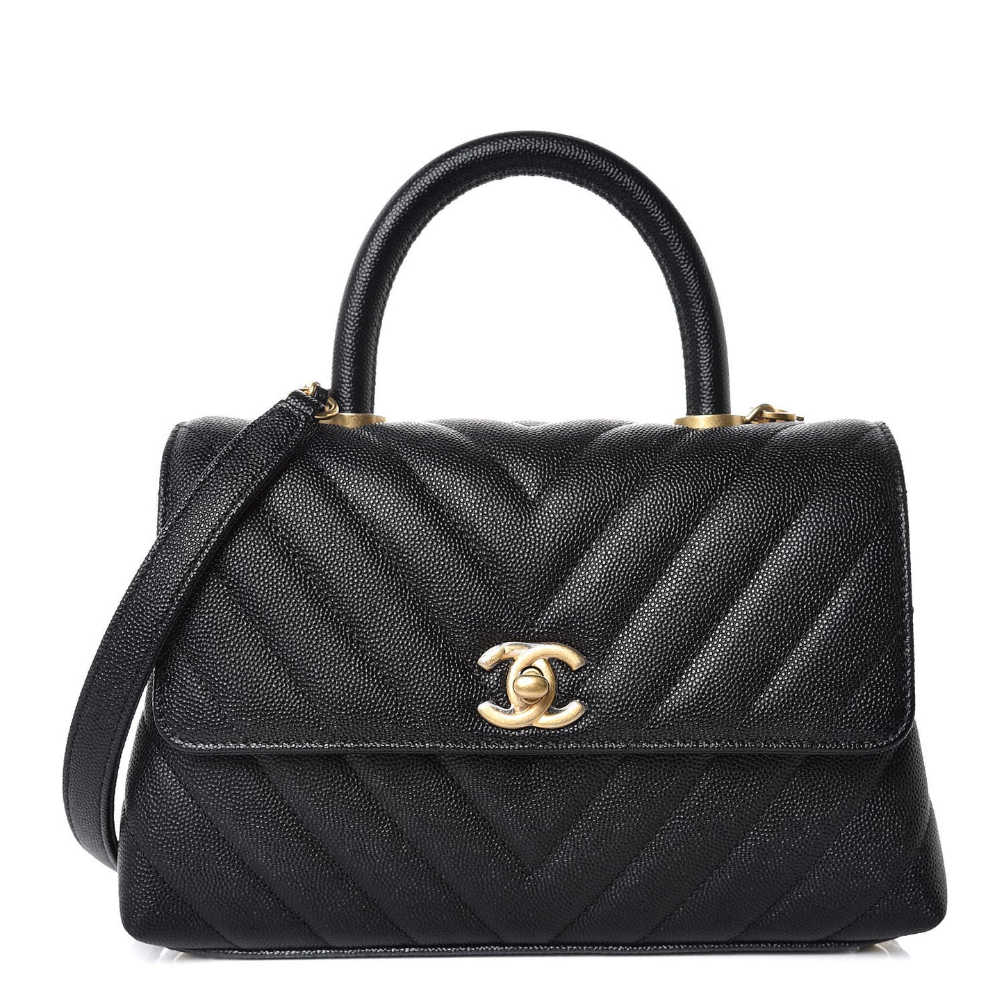 Caviar Chevron Quilted Mini Coco Handle Flap Black
