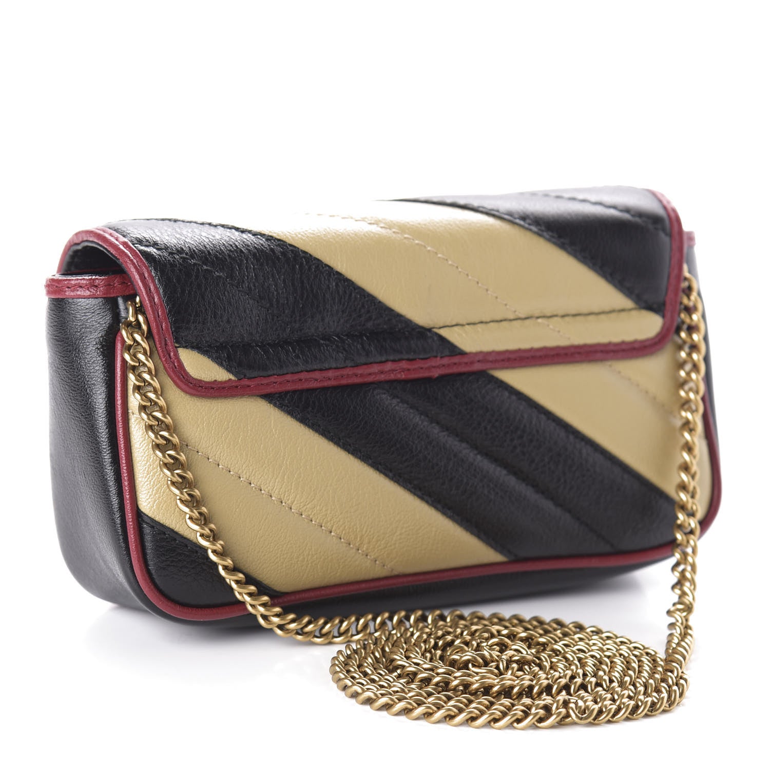 Gucci Vintage Effect Calfskin Matelasse Diagonal Striped Super Mini Torchon GG Marmont Shoulder Bag Black Beige 3 of 11