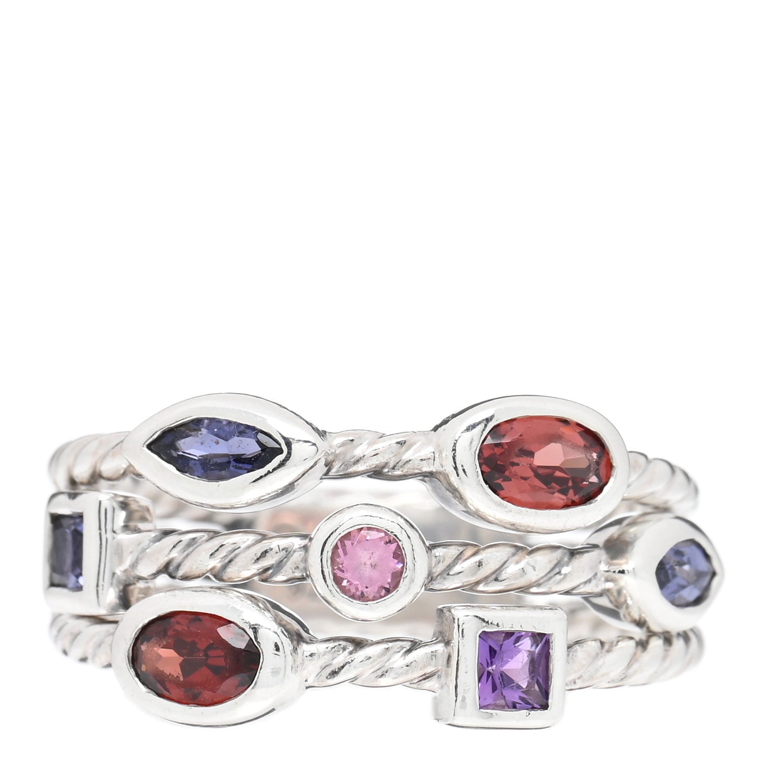 David Yurman Sterling Silver Amethyst Iolite Tourmaline Confetti 3 Row Ring 50 5.25 1 of 4