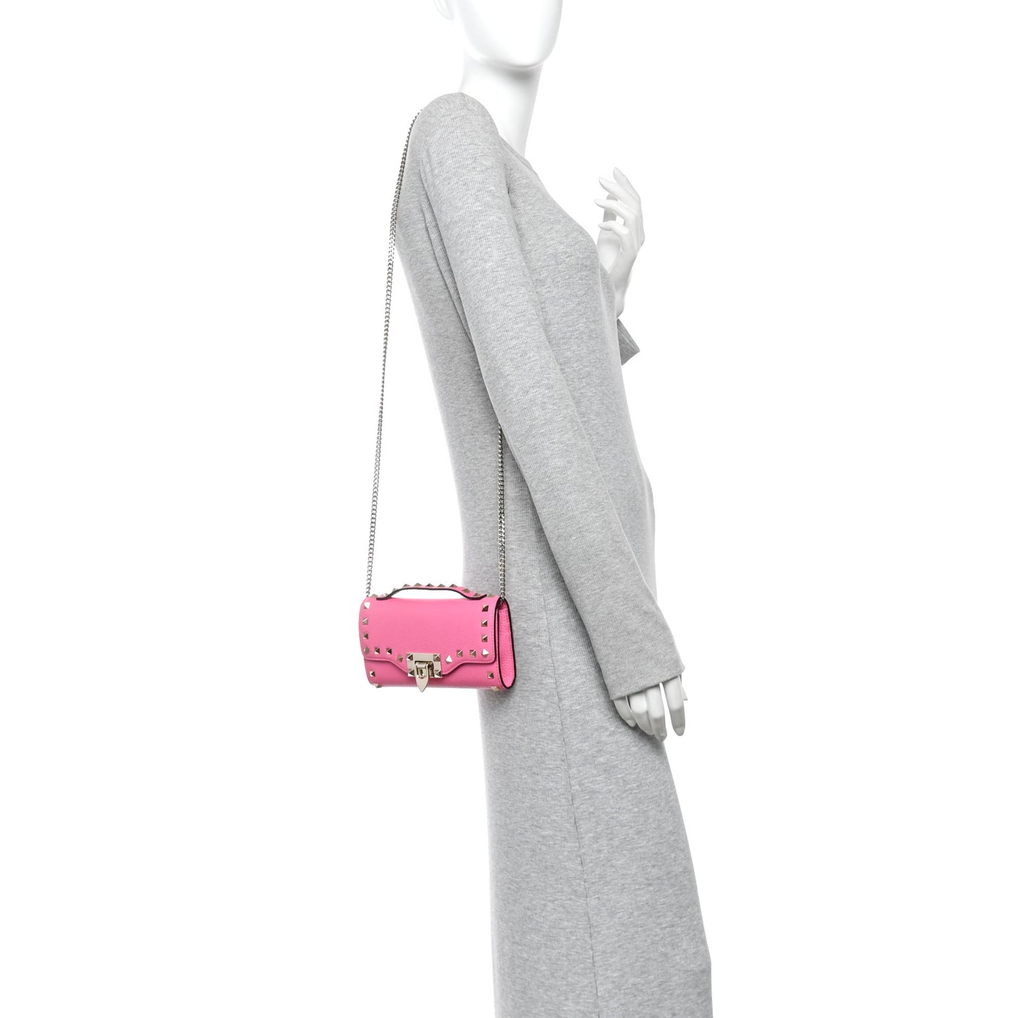 Pebbled Calfskin Rockstud Flip Lock Wallet On Chain Feminine Pink