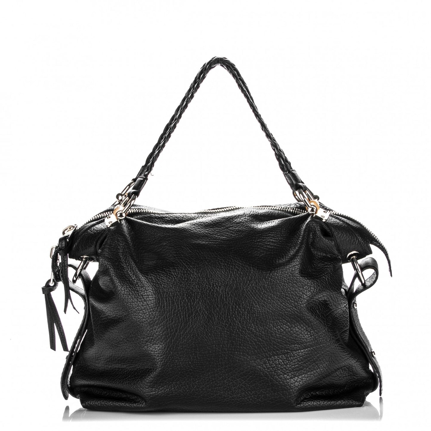 Leather Bamboo Bar Large Shoulder Bag Black
