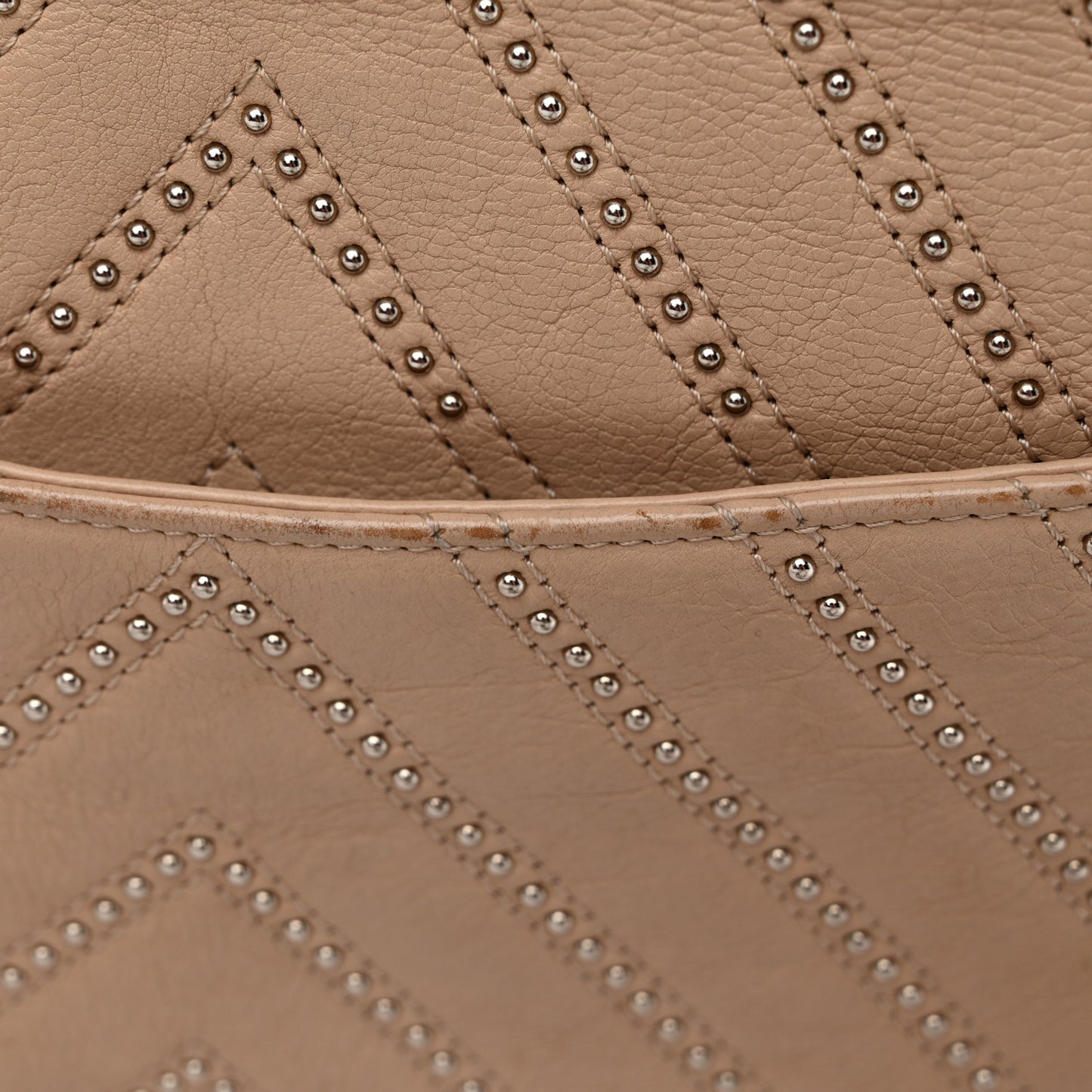 Calfskin Studded Chevron Quilted Medium Wars Flap Beige