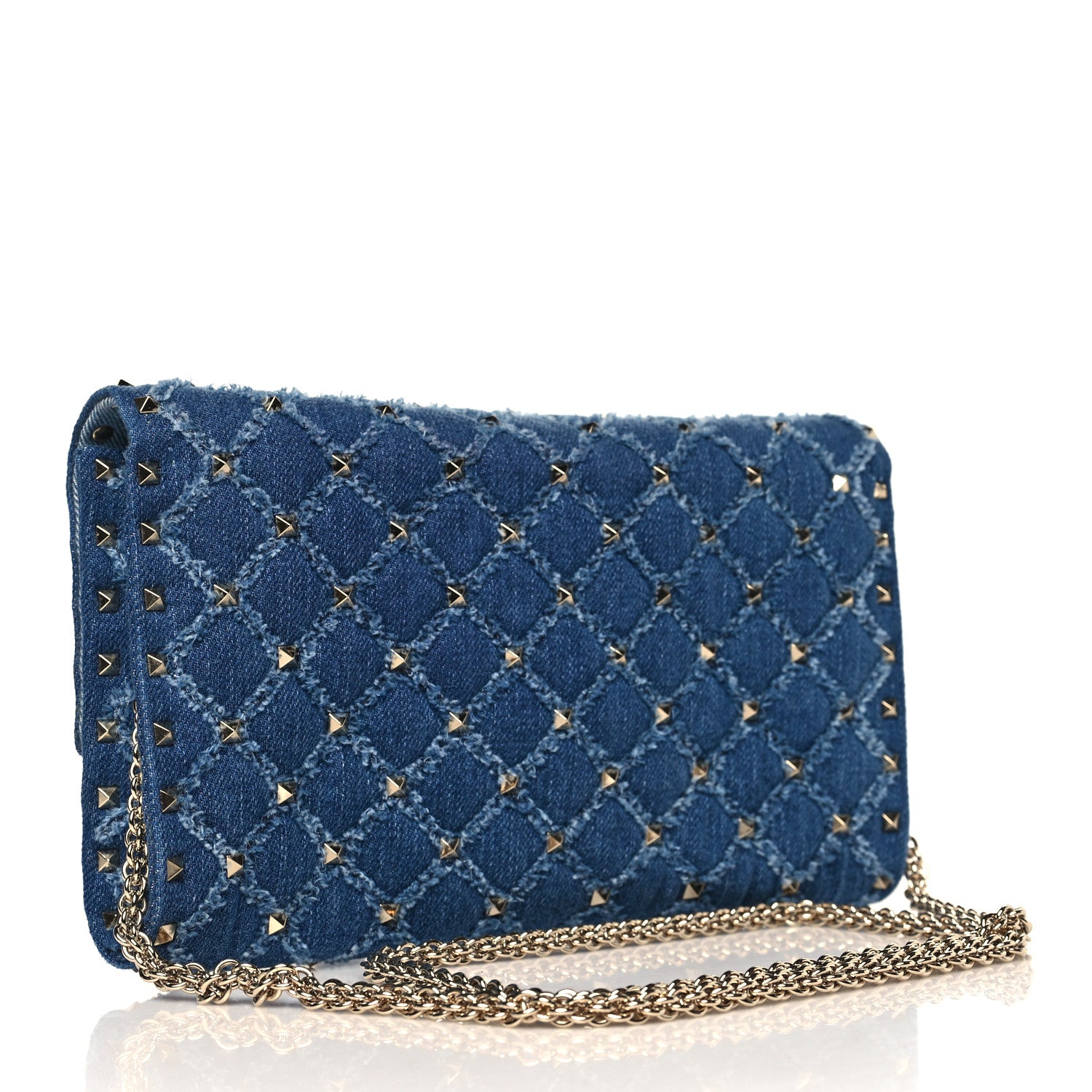 Valentino Garavani Denim Rockstud Spike Wallet on Chain Blue 3 of 8