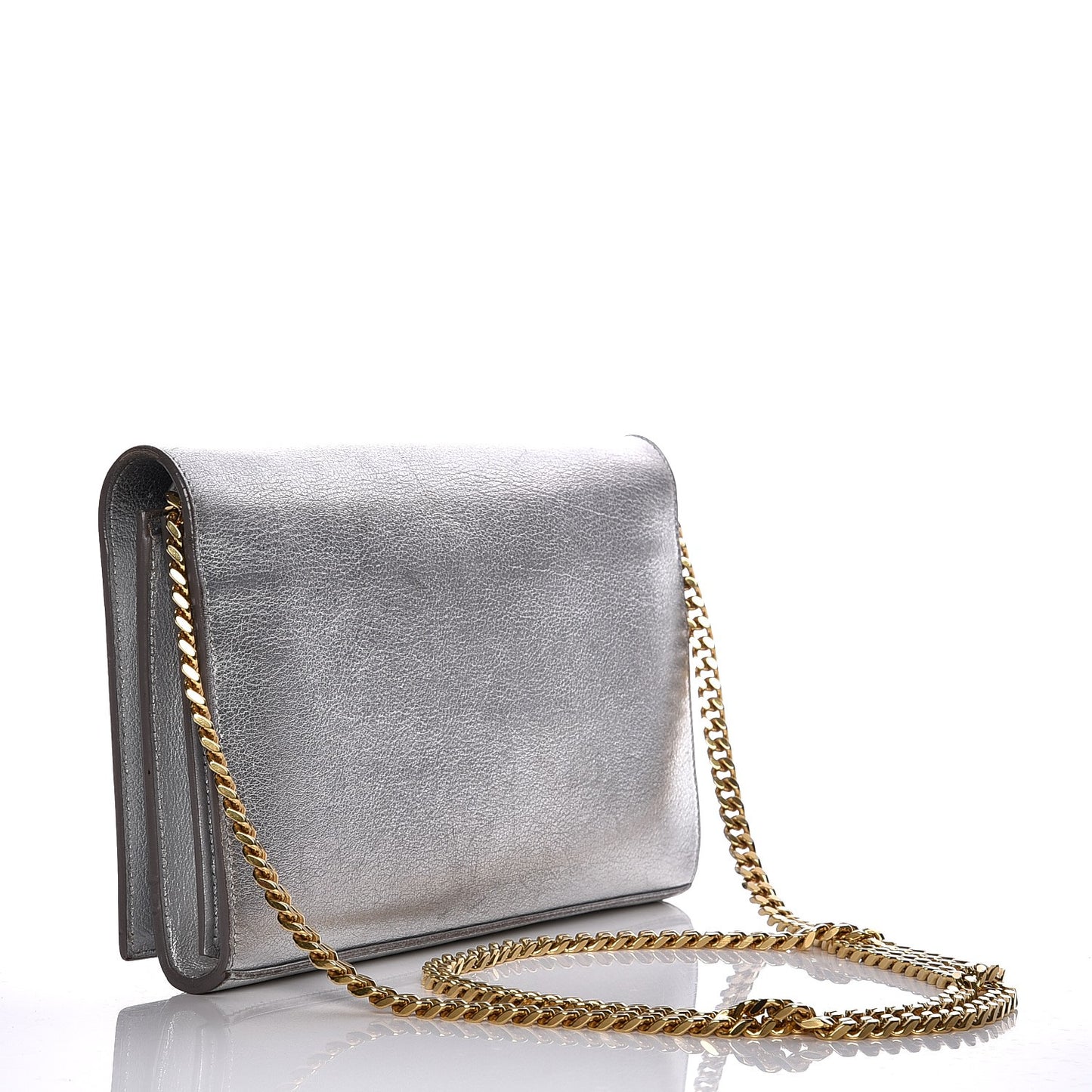 Grained Metallic Calfskin Monogram Chain Wallet Argento