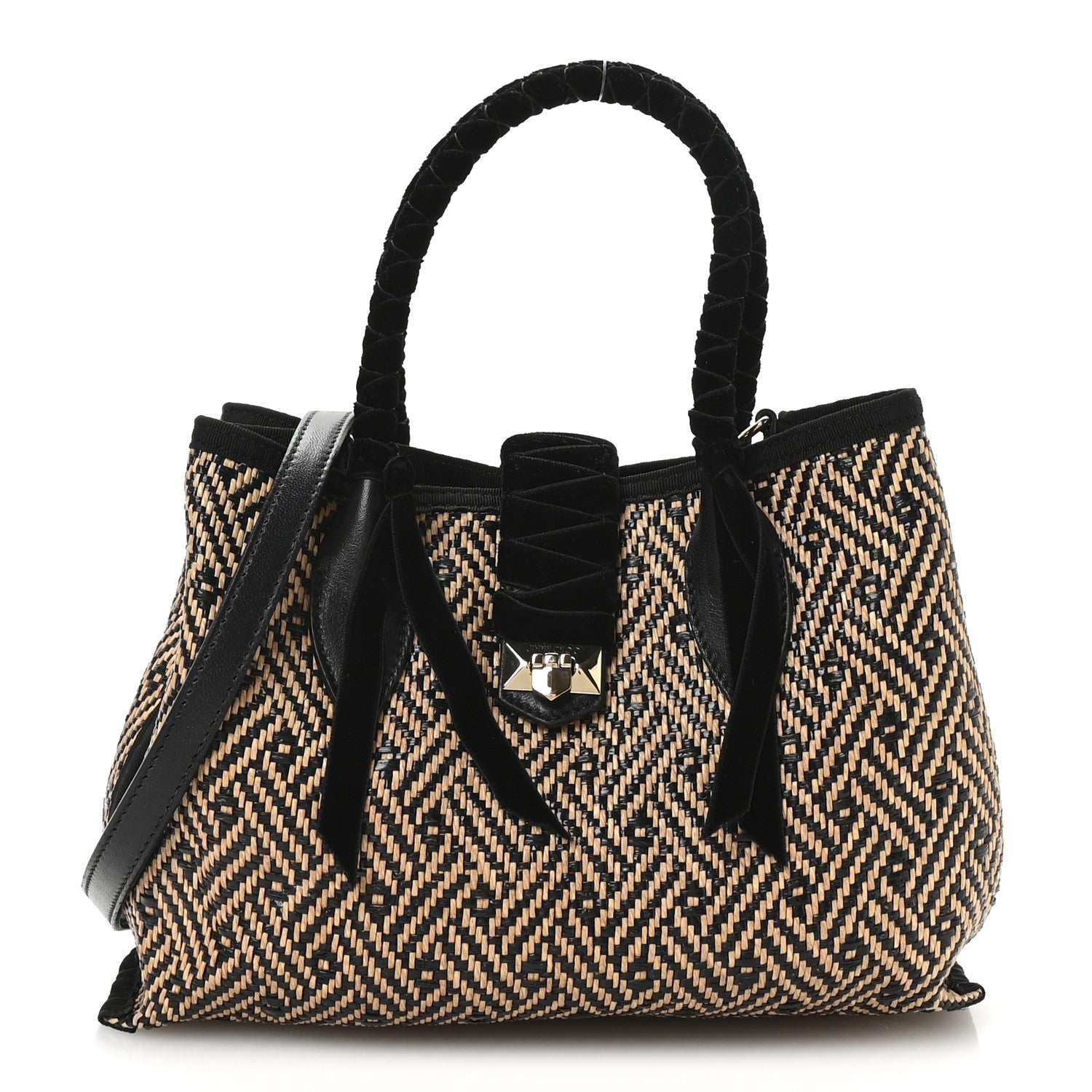 Jimmy Choo Raffia Woven Velvet Marianne Shopper Tote Black Natural 1 of 11