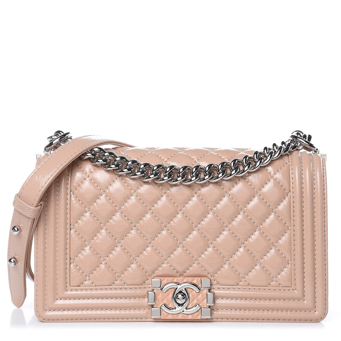 Distressed Patent Quilted Medium Boy Flap Beige