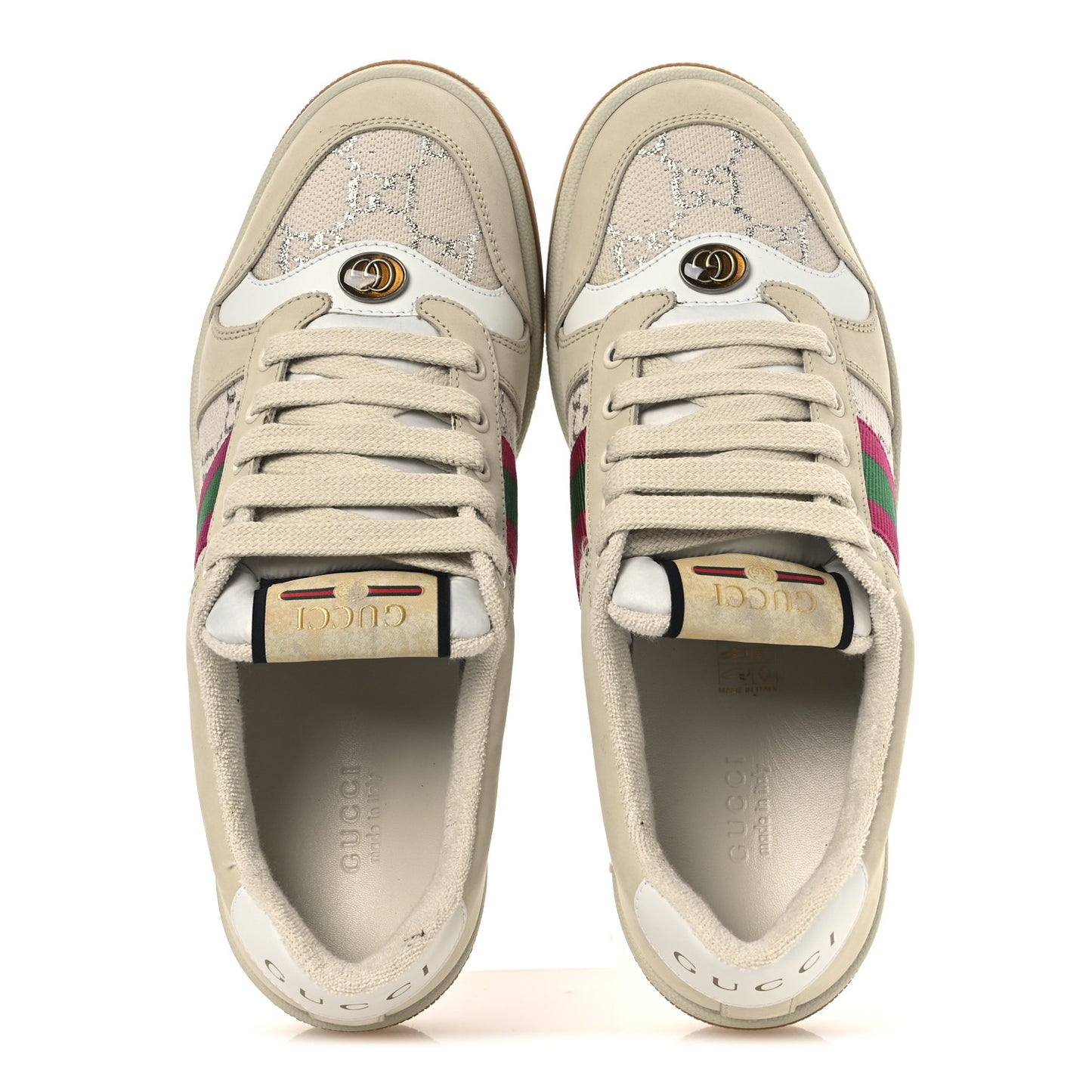 Calfskin Lame GG Monogram Web Womens Screener Sneakers 39 Gardenia Silver Dusty Milk White