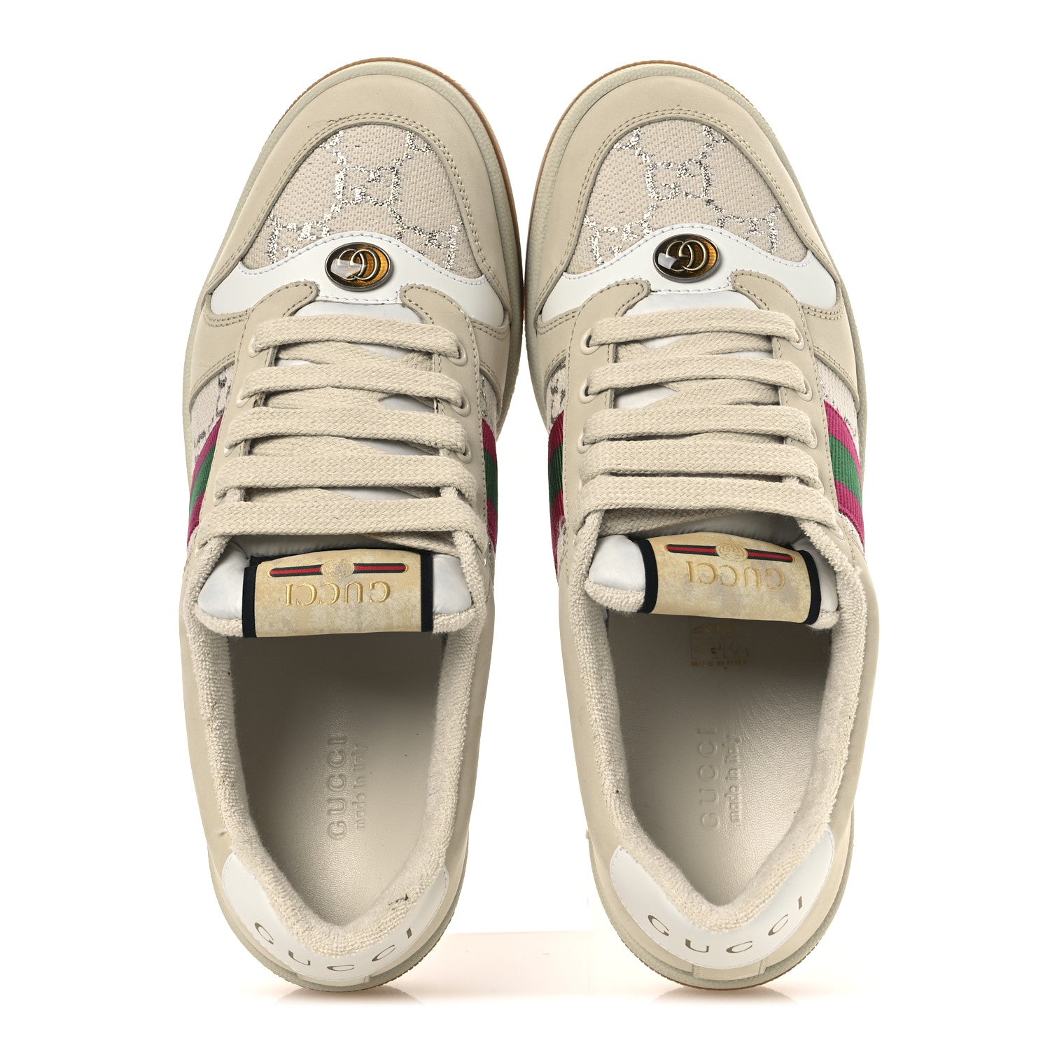 Gucci Calfskin Lame GG Monogram Web Womens Screener Sneakers 39 Gardenia Silver Dusty Milk White 2 of 14