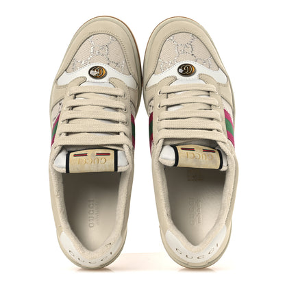 Gucci Calfskin Lame GG Monogram Web Womens Screener Sneakers 39 Gardenia Silver Dusty Milk White 2 of 14