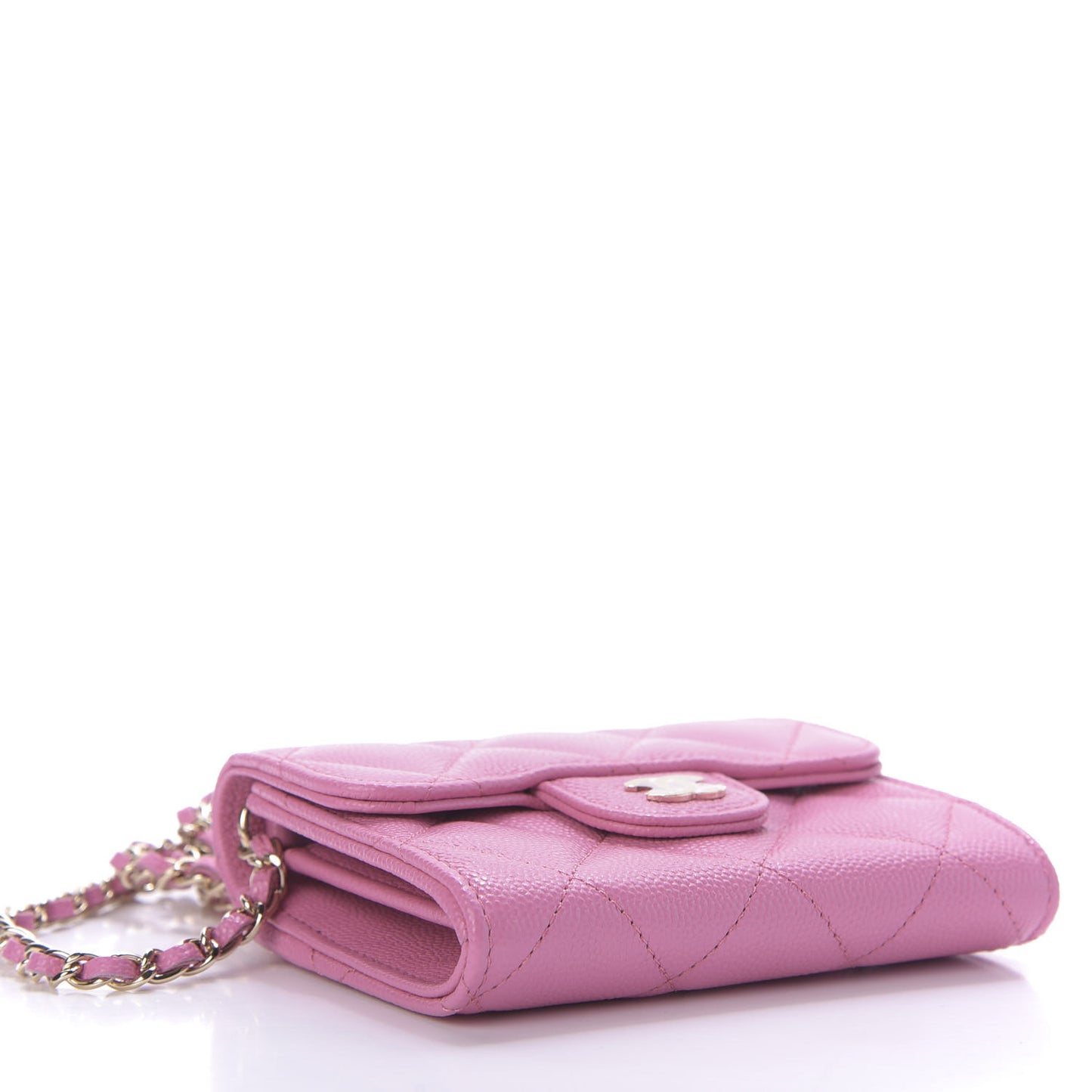 Caviar Quilted Flap Card Holder On Chain Pink
